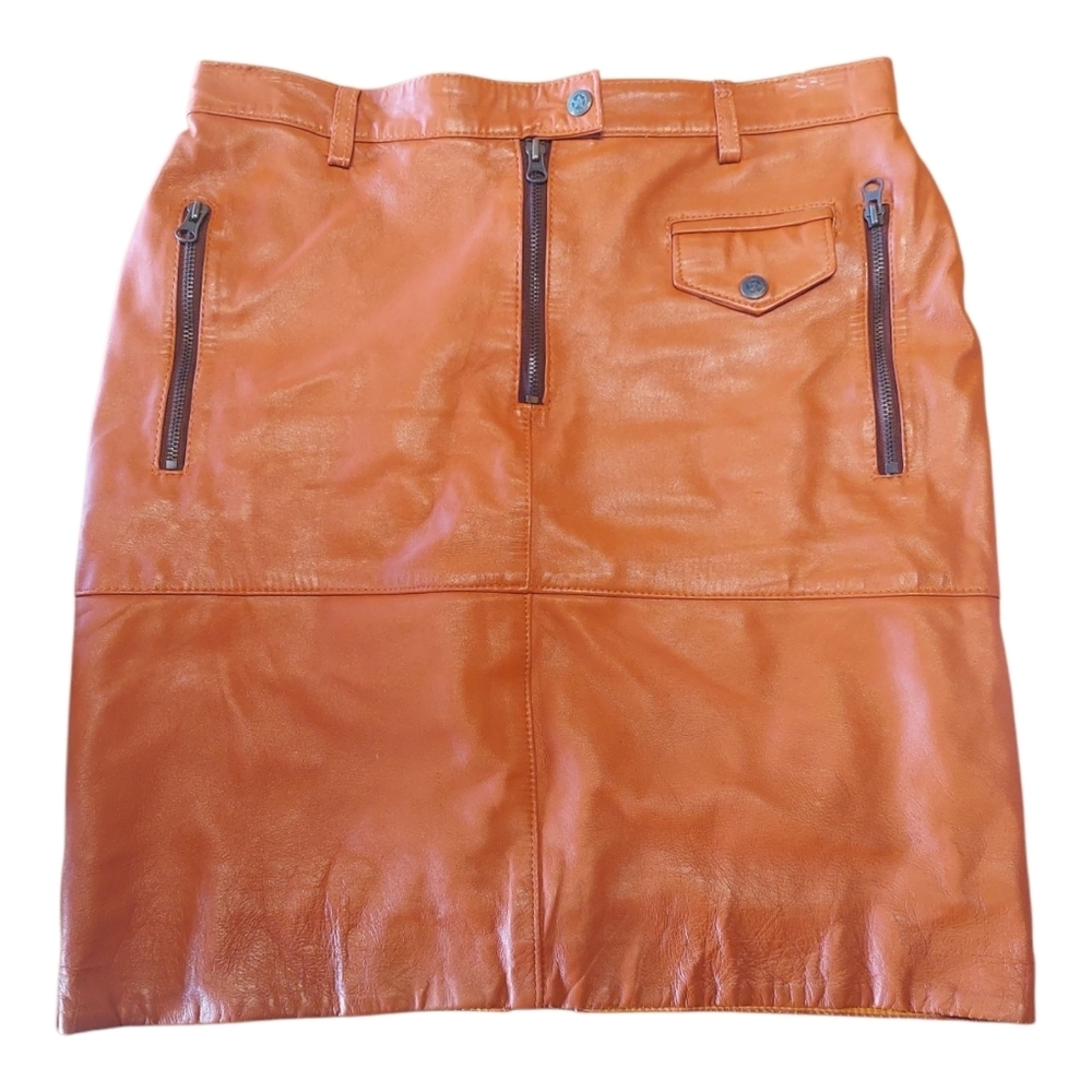 Vintage Leather Cult Orange Leather Mini Skirt 32 In Waist Size Large 12 Custom